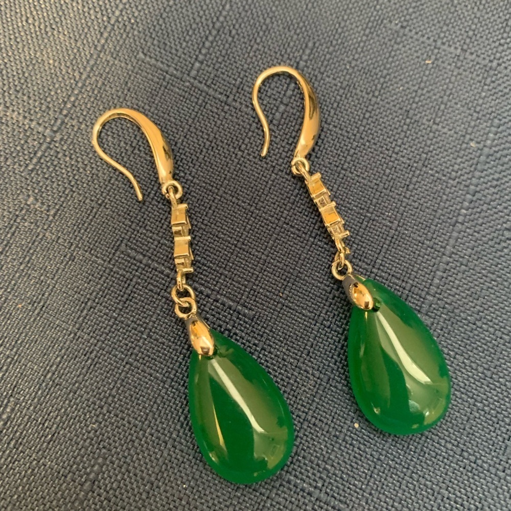 925 Sterling Silver Dangling Earrings with zirconias & Jade-like Teardrop Stone